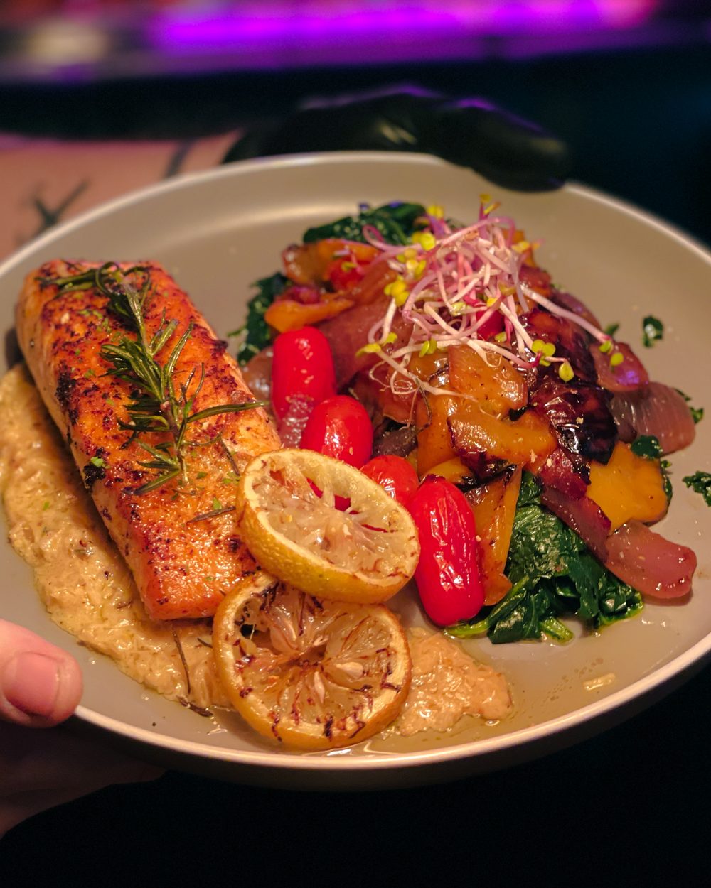 Food photography, plated salmon dish